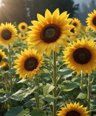 Fototapeta premium Vibrant yellow sunflowers in full bloom, bright sunlight , stem, blossoms