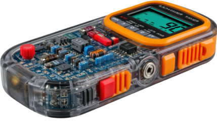 Precision Measurement Device: A detailed perspective of a handheld multimeter, showcasing its intricate internal components, digital display, and user-friendly design.