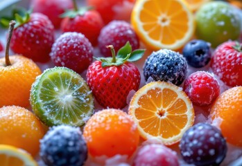 a montage of frozen slushy fruits glowing with inner sparkle