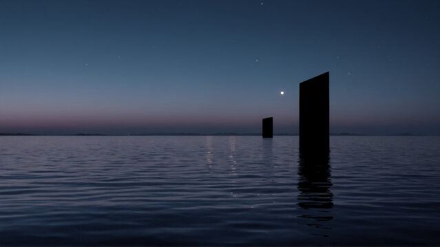 Dark structures rising from water at night