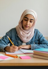 Middle Eastern girl in her early teens sits at a desk in a brightly lit classroom, concentrating deeply on a notebook in front of her.