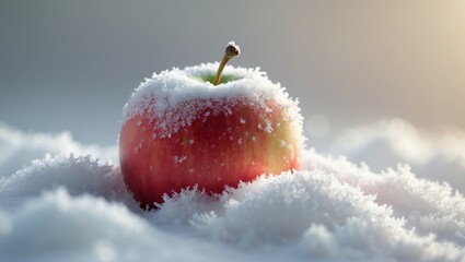 A delicious, fresh red apple with water drops isolated in white snow