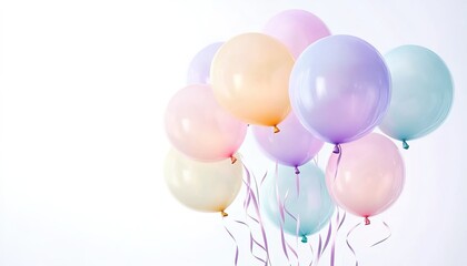 Pastel-colored balloons floating with ribbons on light background.