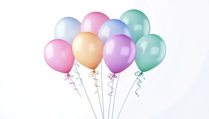 Pastel-colored balloons floating with ribbons on light background.