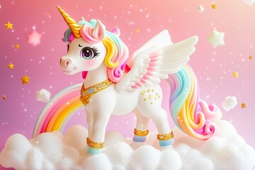 Cute Unicorn on Cloud  Lovely Pony with One Unicorn Trendy Illustration of Horse, one Horn Magical Rainbow Colors in Greeting Card Adorable Unicorn as Beautiful Background