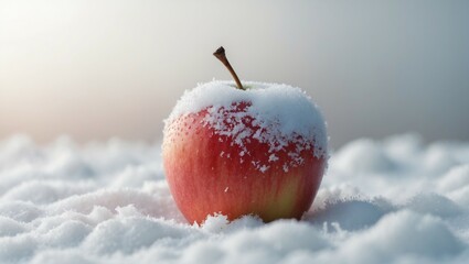 Red, ripe apple with water drops on its fresh, wet skin in the cold winter snow