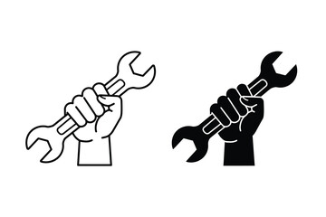 Hand holding wrench tool, mechanic service equipment, repair and construction icon