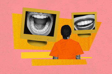 Pop art full zine photo collage of anonym girl guy stand back look pc monitor cyberbully mouth scream propaganda abuse tension