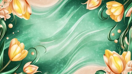 Abstract Floral Background with Emerald Green Hues and Tulip Accents