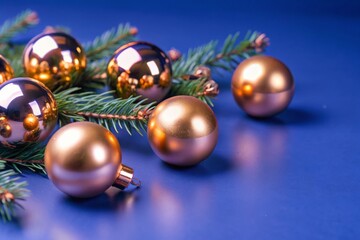 Festive Golden Baubles & Greenery on Neutral Background - Holiday Decoration Stock Photo