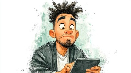 a young mixed race pharmacist using digital tablet ,hand drawing cartoon 2d,funny,issolated on white background,stock photo