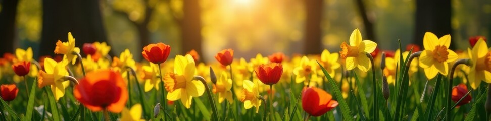 Fototapeta premium Sunlit patch of daffodils and red poppies in Boston Common's vibrant spring display , plant, garden