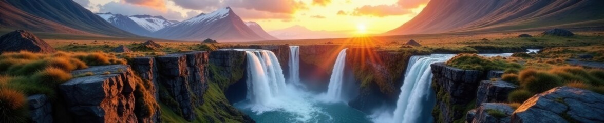 Fototapeta premium Sunlit peaks, cascading waterfalls, rugged terrain, cliff, powerful, peak