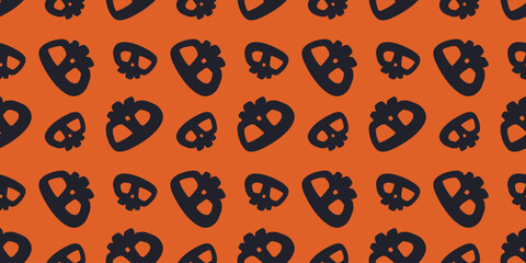 Seamless Halloween pattern with pumpkin skull silhouettes on orange background. Minimalist spooky design perfect for wrapping paper, backgrounds, decorations, and seasonal branding