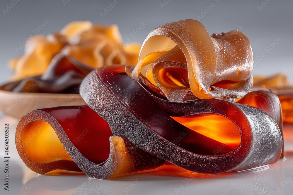 Poster colorful fruity candy curls arranged artistically on a white surface in a bright setting
