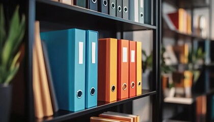 Colorful file folders on black shelves with plants and wooden desk in office.