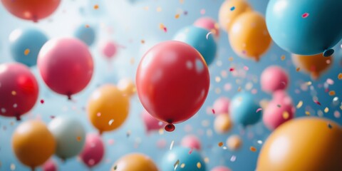Colorful balloons float joyfully in a festive atmosphere filled with confetti and cheerful energy at a celebration event
