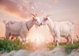 Obraz premium Fluffy Cashmere Goats Grazing on Lush Green Pasture - Double Exposure Photography