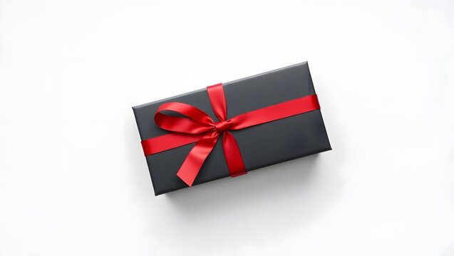 Elegant black gift box wrapped with vibrant red ribbon, placed on clean white surface, gift giving, celebration & special occasions for luxury festival