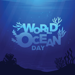 World Ocean Day Underwater Banner Design with Typography and Coral  Theme - Background with underwater scenery theme for social media posts, campaigns or advertisements about the sea and environment