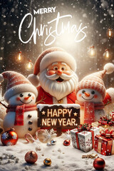 Postcard Santa Claus and Snowman, Celebrate a magical Christmas Eve with gifts, laughter and New Year wishes.