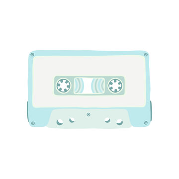 Naklejki Illustration of a retro audio cassette tape with a soft blue and white color palette and a cartoon cute flat design. Analog media for recording and listening to music.