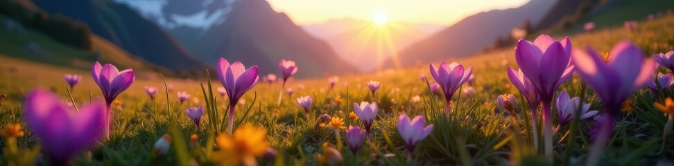 Fototapeta premium Sunrise bathes purple narcissus and crocus in alpine meadow, sky, crocus