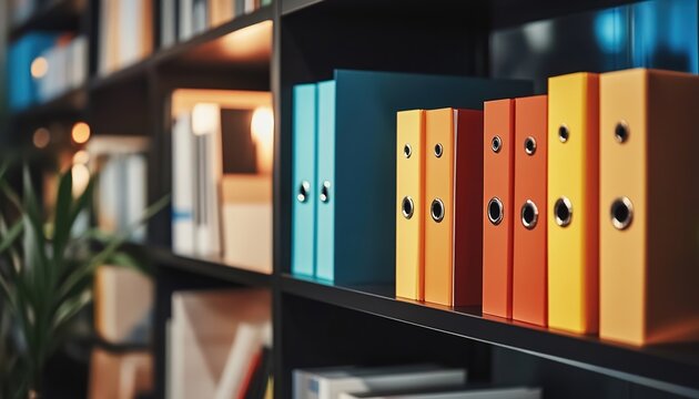 Colorful file folders on black shelves with plants and wooden desk in office.