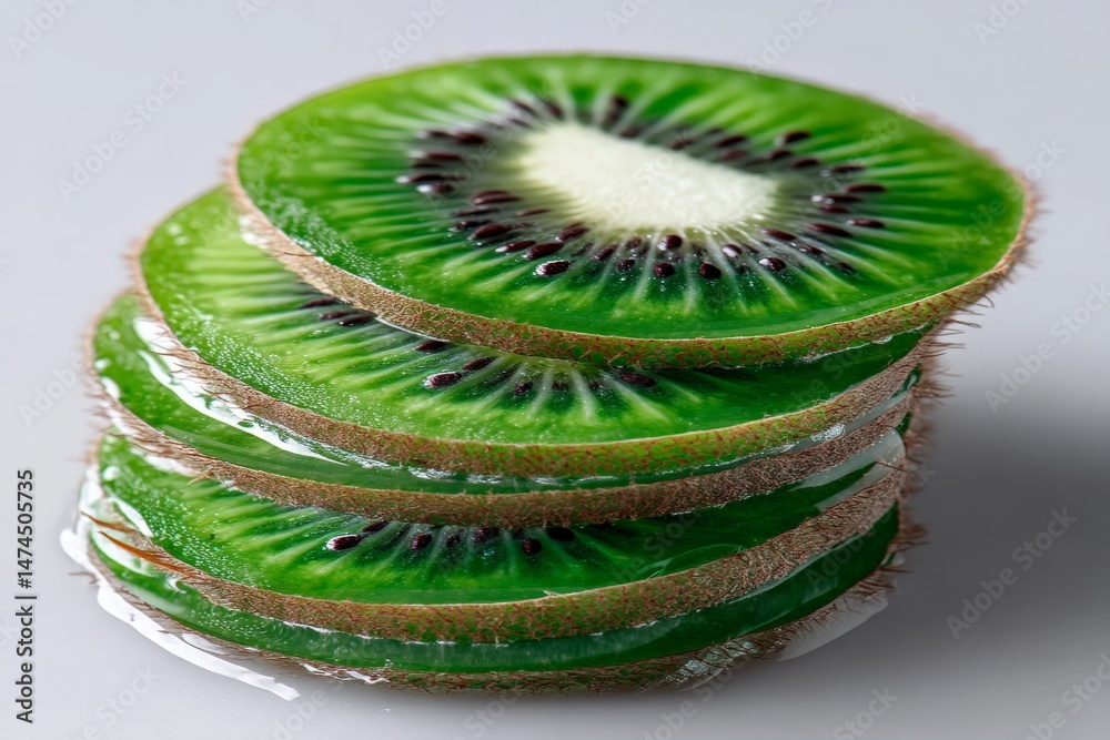 Poster Freshly sliced kiwi showcasing vibrant green layers with a glossy texture on a neutral background