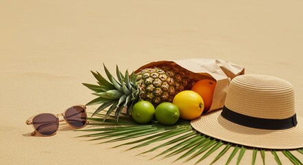 Beach vacation still life with tropical fruits in recycled paper bag and straw hat on sand. Summer lifestyle accessory concept. Beach holiday and nature theme.