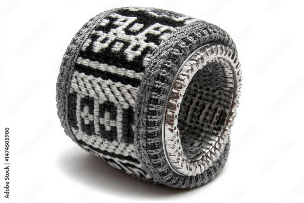 Poster unique handwoven bracelet showcasing intricate black and white patterns with metallic detailing and 