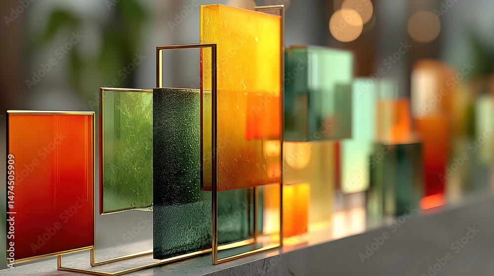 Poster abstract composition with glass geometric shapes and neon frames 3d rendering,photo stocks