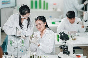 Scientists examining plant and algae samples in a modern laboratory, conducting pharmaceutical...