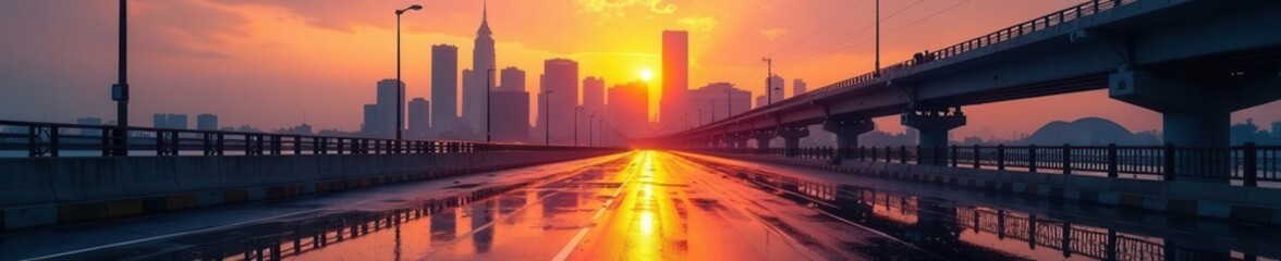 Sunrise illuminates Guangzhou's modern skyline reflected in wet asphalt road & bridge , urban, reflection