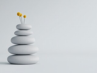 Fototapeta premium Stacked smooth stones with three yellow flowers on top, all set against a minimalist light background, symbolizing balance and tranquility.
