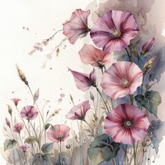 A delicate watercolor painting showcases a lush arrangement of pink bindweed flowers with subtle watercolor washes and background textures creating a romantic and elegant floral