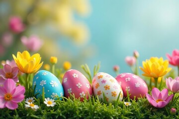 Fototapeta premium Colorful Easter eggs nestled in spring flowers, joyful April scene , joyful, joyful