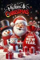 Santa Claus and snowman poster, Christmas and New Year greetings.