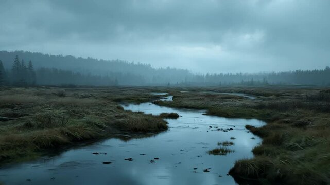 4K Aerial Footage of Mysterious Bog Landscape | Misty Wetlands with Lush Vegetation | Natural Peatland Environment