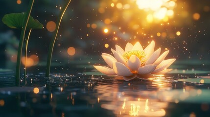 Glowing lotus flower on still water, surrounded by foliage