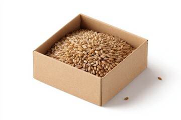 A cardboard box filled with grains of wheat.