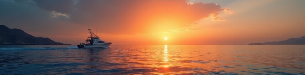 Fototapeta premium Sunrise paints the Sea of Cortez, small fishing boat cuts through calm water, leaving a gentle V-wake , water, morning light, vibrant