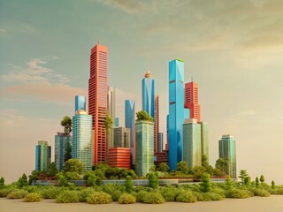 Fototapeta premium Futuristic Cityscape: Harmonious Skyscrapers & Greenery - High-Resolution Stock Photo