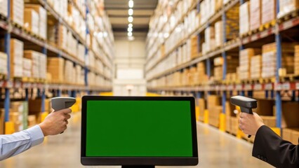 A warehouse setting featuring two individuals scanning items with barcode scanners while facing a blank computer screen.