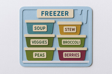 Freezer food storage containers labeled for soup stew veggies broccoli peas and berries help reduce food waste and keep items organized