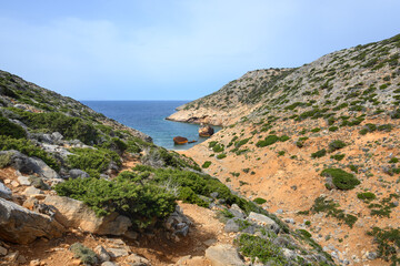 Small gulf with the famous shipwreck of Olympia on the island of Amorgos. Cyclades, Greece