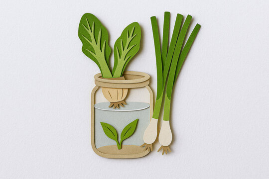 Green onion and leafy vegetable food waste regrow in water jar with fresh leaves and roots, eco friendly concept, minimal style