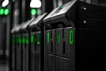 Automated turnstiles with glowing green indicators in a subway station.  Close-up view of the black metal units, illuminated numbers, and modern design