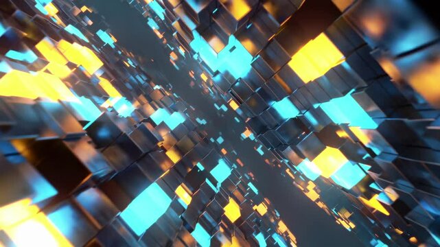 4K seamless loop showing a dynamic tunnel made of metallic cubes with glowing neon surfaces in blue and orange colors. The camera flies through the structure as the cubes move in wave-like patterns