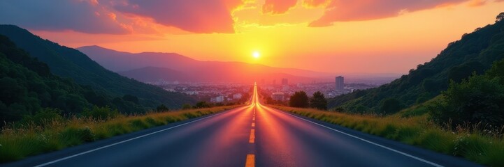 Sunset over city, asphalt road leads to green mountains , texture, orange, urban landscape